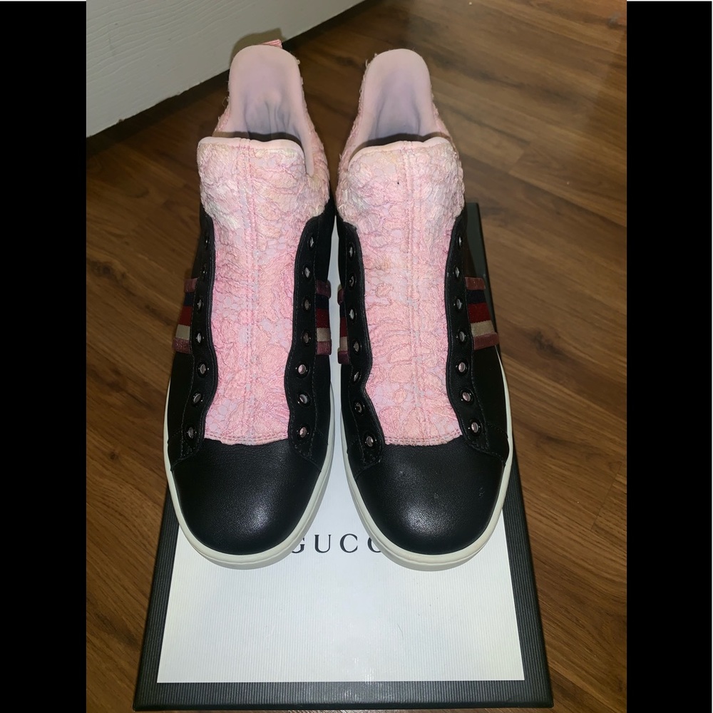 GUCCI ACE LACE & LEATHER HIGH TOP SNEAKERS - Picture 3 of 10